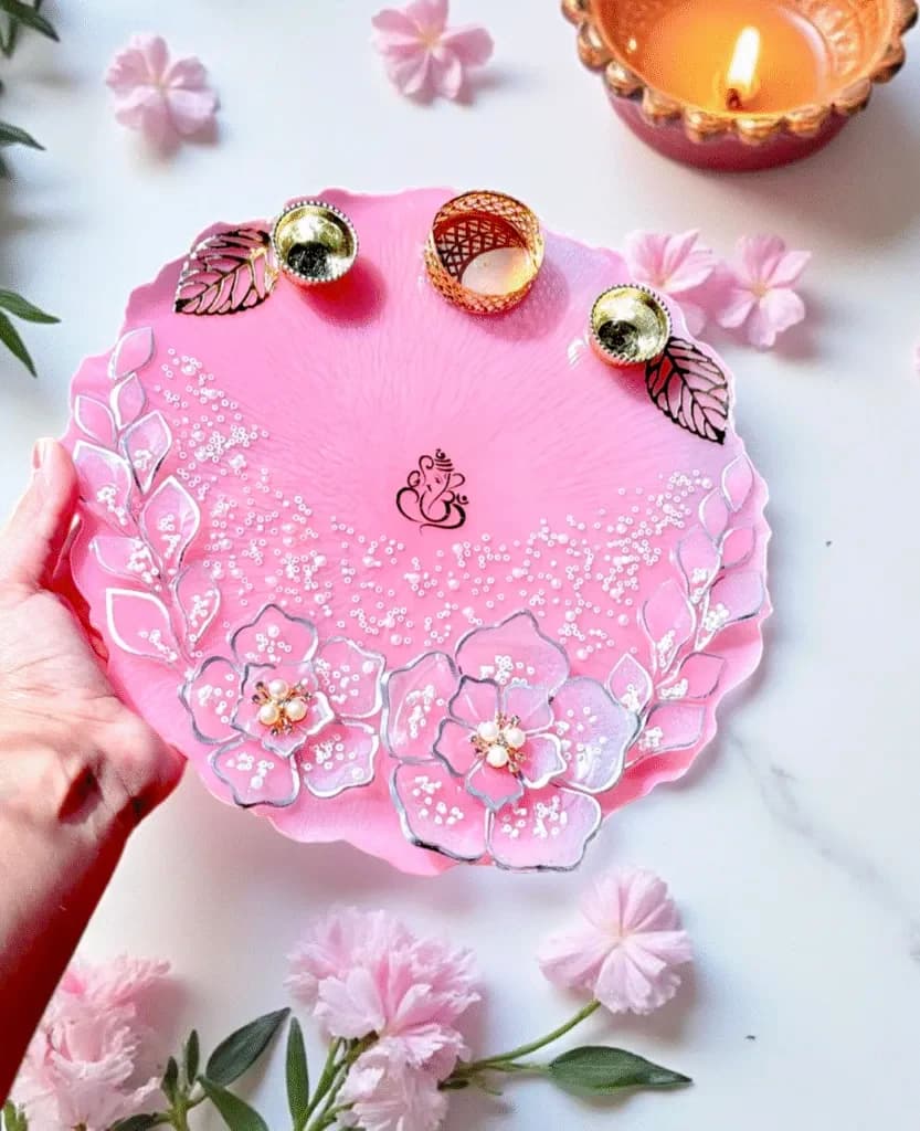 Resin Pooja Thali (Pink Silver)